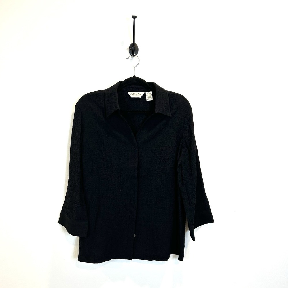 Orvis Women's Large Textured Black Button Down Collar Top Blouse